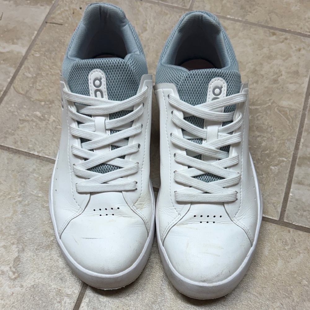On Running Woman’s Sneakers in White with Light Gray/Light Blue Accents